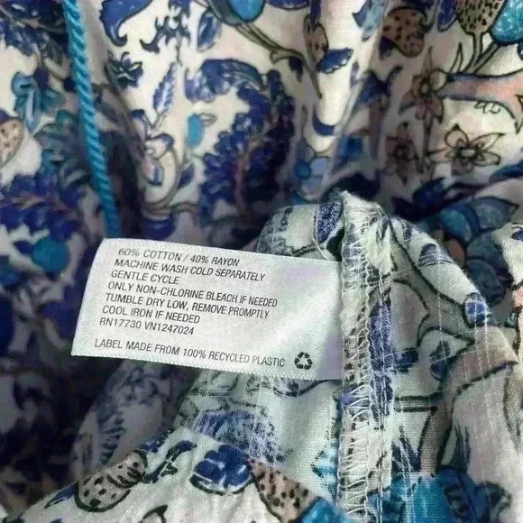 KNOX ROSE dress Puff Sleeve Blue White Bohemian Floral Tassel Tie Size S - Picture 7 of 11